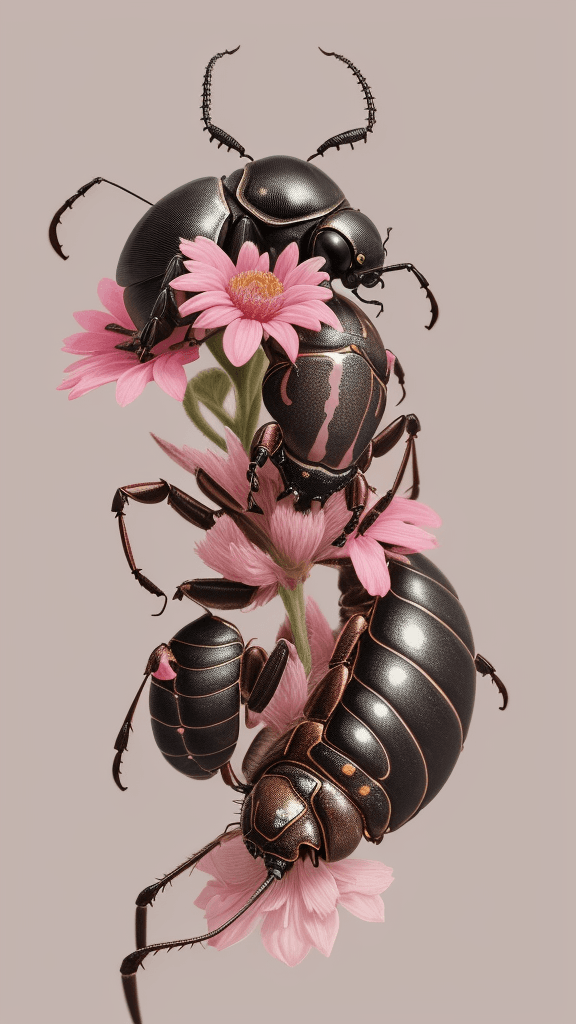 AI generated: floral beetle wearing a (long:1.2) pink (scarf:1.3), a beetle with arms and a head, (dark shot:1.17)...