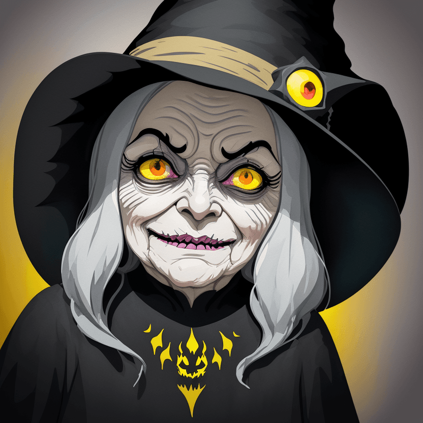 AI generated: detailed illustration of evil granny witch face, magic, t-shirt design, yellow and black, dark magic...