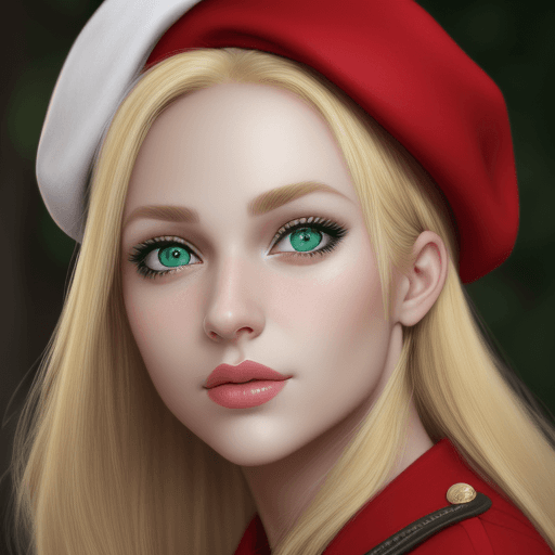 AI generated: realistic photo woman with green eyes, blonde hair, snub nose, red beret, white skin