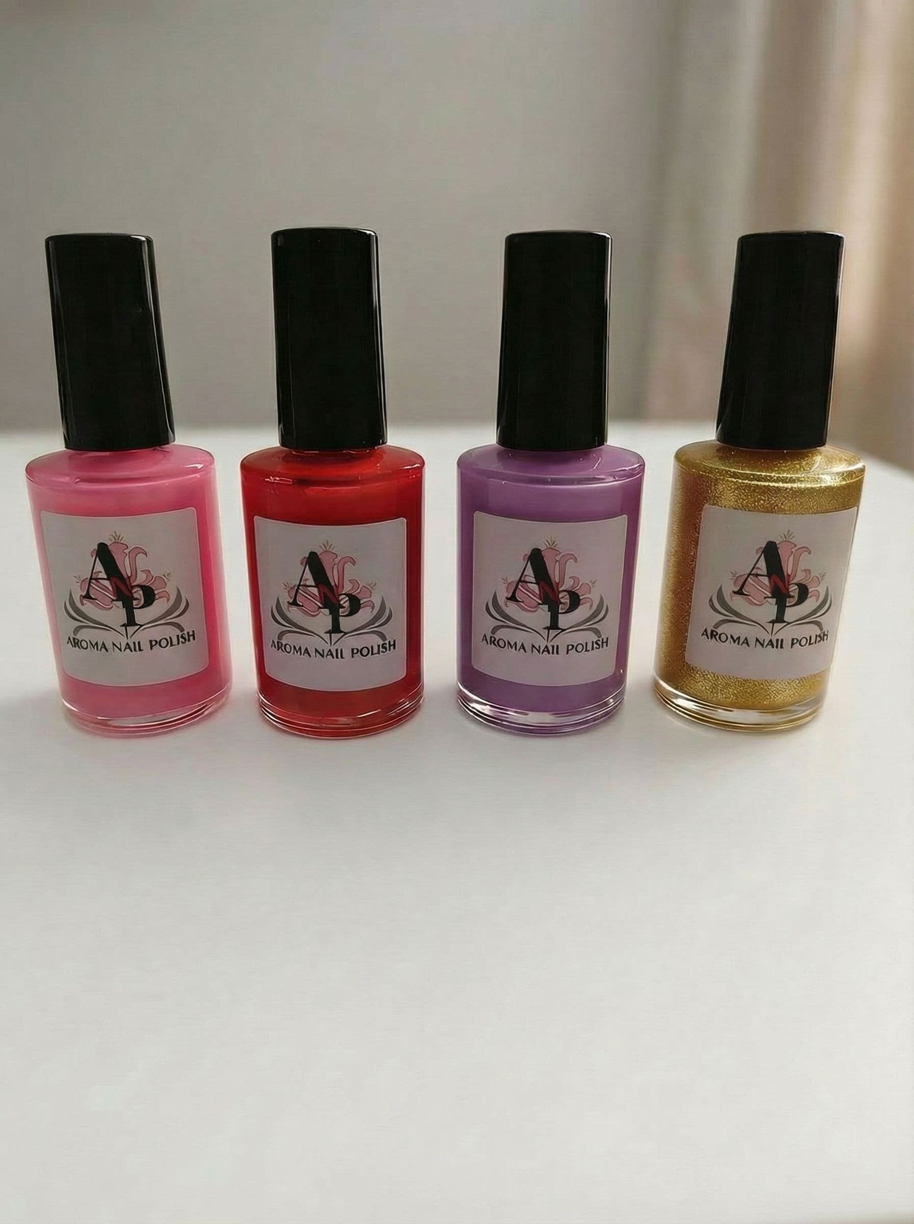 AI generated: Aroma nail polish comes in bright and pretty colors like pink red lavender and gold. 