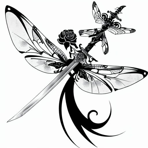 AI generated: A tattoo design of a sword with dragonfly wings and a scale add flower details that can blend in the...