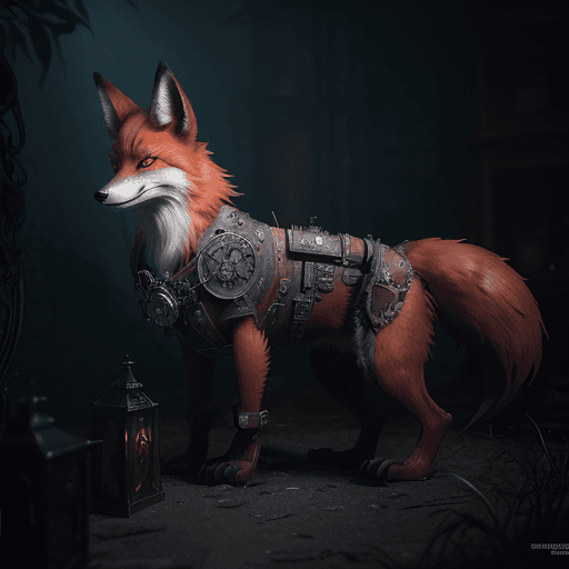 AI generated: A steampunk red lush fox,in the distance, ATMOSPHERIC GOTHIC HORROR , Midjourney style, Lovecraftian...