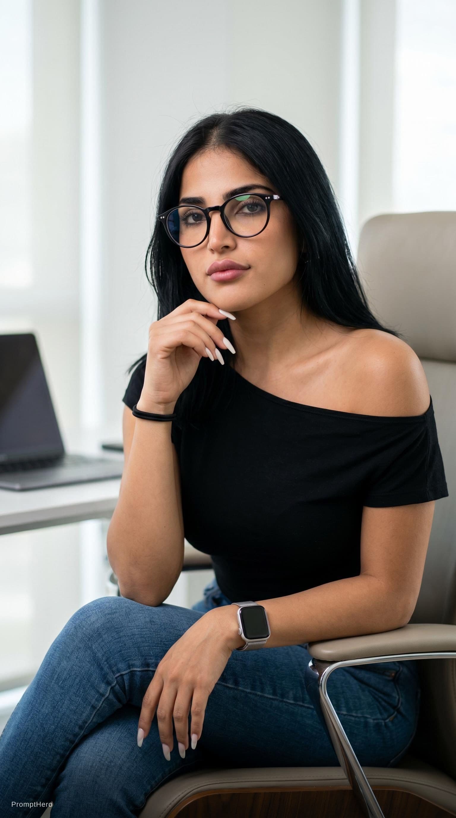 AI generated: صورة سينمائية فائقة الواقعية لامرأة عراقية شابة فاتنة تجلس بثقة على كرسي مكتب عصري مريح في مساحة عمل...