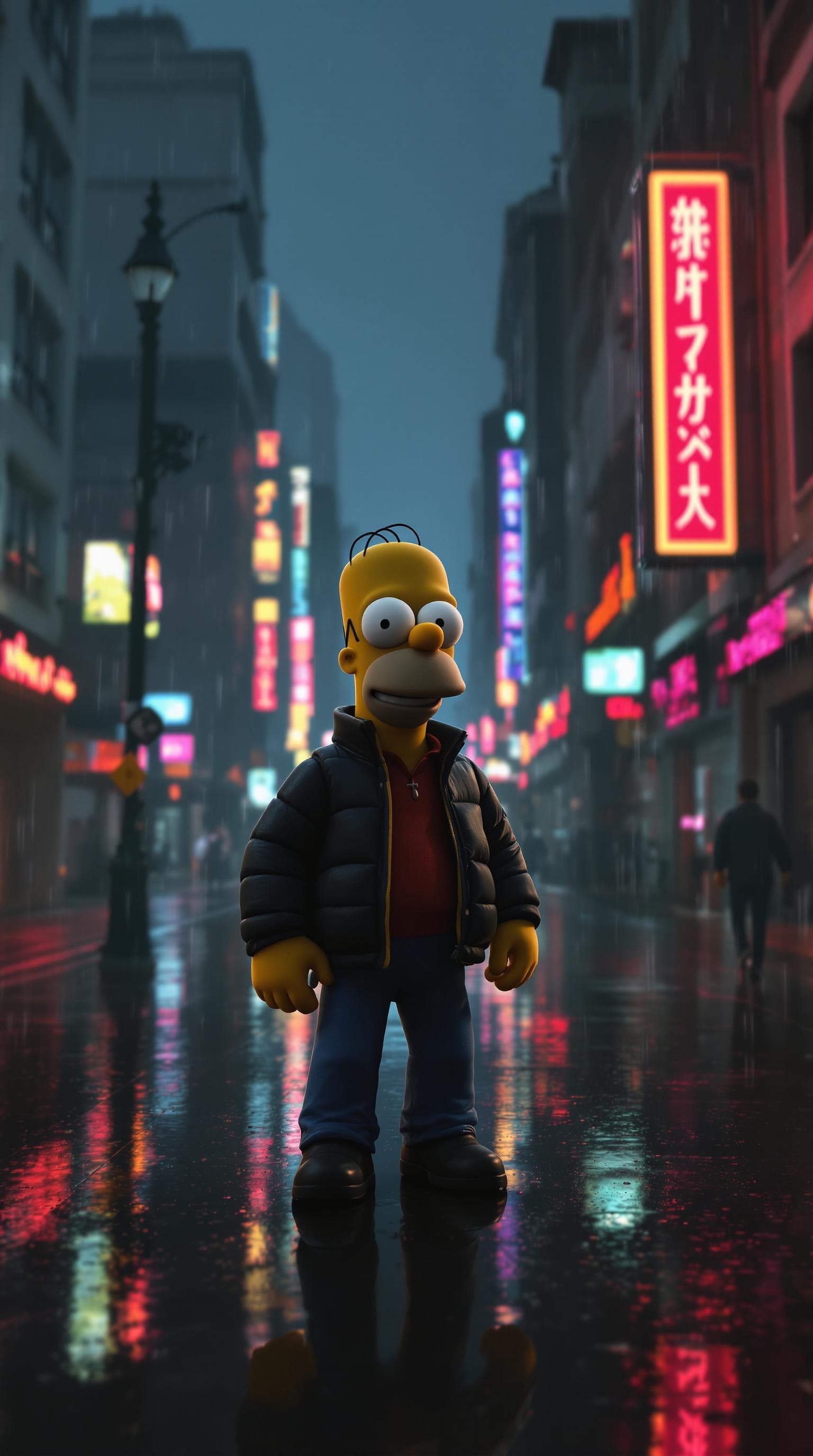 AI generated: 3d cartoon Homer simpson Posing In dark rainy Dystopian city in the rain, on an empty street. Neon l...