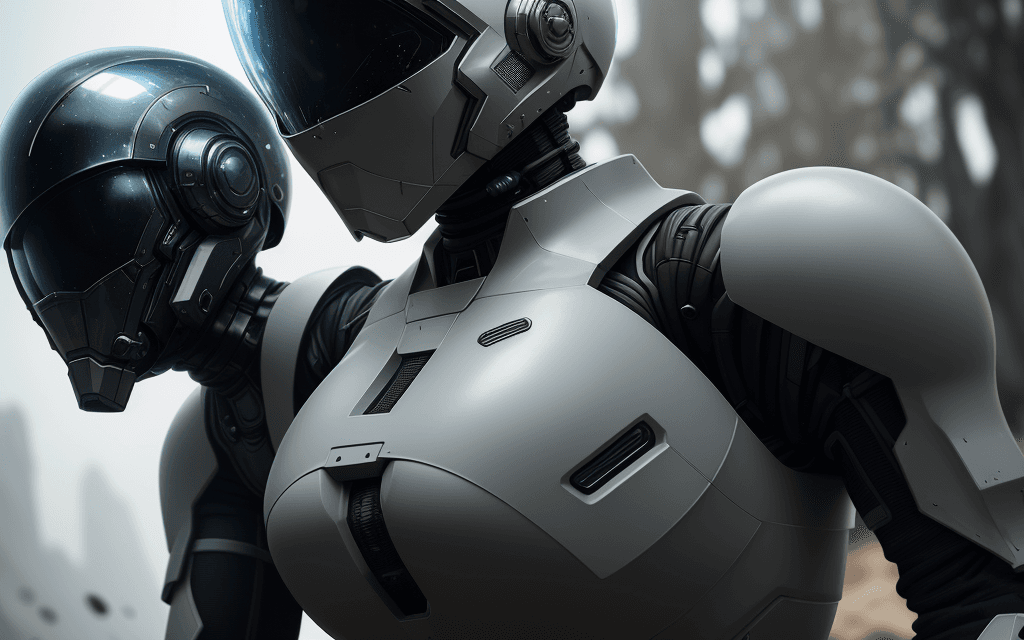 AI generated: black sci-fi female armor with cybernetic helmet, full armor, insulated armor, spacesuit, lots of fi...