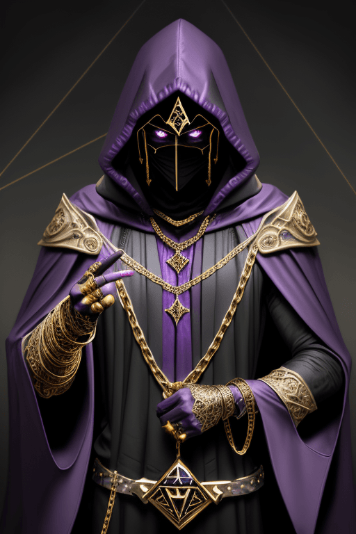 AI generated: Shadow wizard money gang, in purple cloak hood, dark face, gold chains and jewellery. triangle inste...