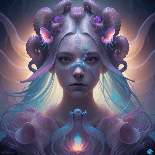 AI generated: Goddess close-up portrait ribcagel. jellyfish phoenix head, nautilus, orchid, skull, betta fish, bio...