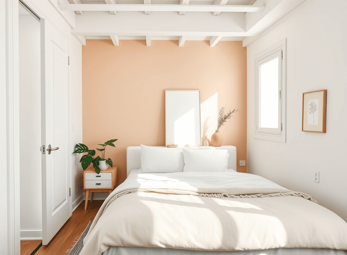 AI generated: A highly detailed, minimalist bedroom with basic white furniture and pastel colours on the walls. Si...