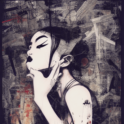 AI generated: aesthetic, painterly style, modern ink, Asian girl, sensual, sultry, dark blouse, expressive pose, u...
