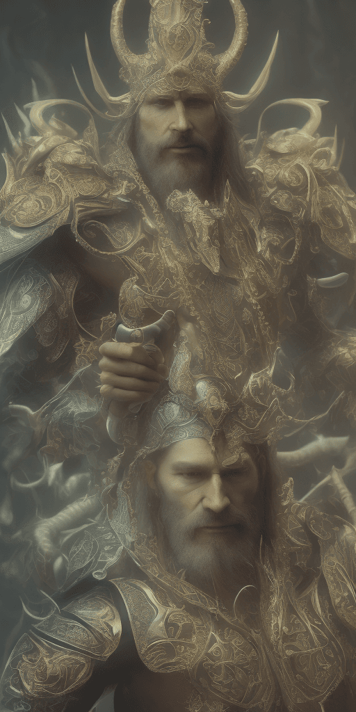 AI generated: King full body portrait holding a sword, skull, conan, bioluminiscent creatures, intricate artwork ....