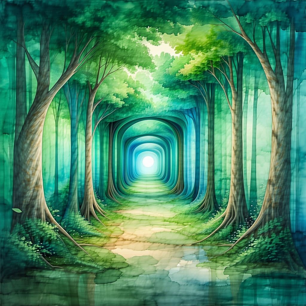 AI generated: water color feel, a straight infinite tunnel of dense greeneries, no details, fractals, symmetric wo...