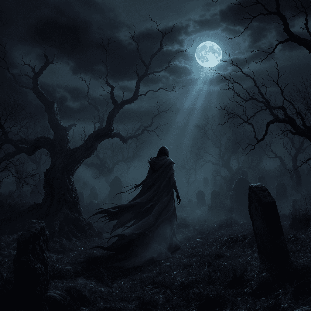 AI generated: Halloween a spectral figure drifts through a moonlit graveyard its tattered cloak billowing in the c...