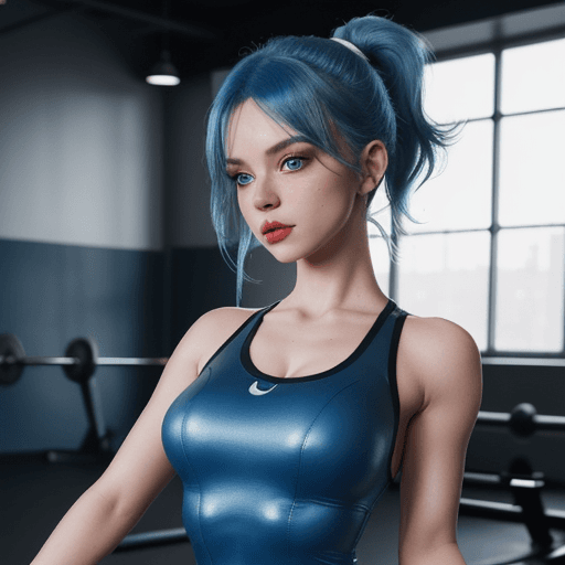 AI generated: seductive ballerina in a gym ,vinyl outfit,dynamic lights,8 k, blue hair, blue eyes, ponytail, flirt...