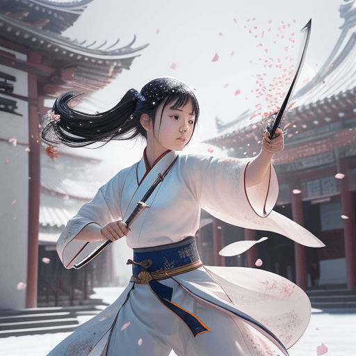 AI generated: Snow, petals flying in the air, a girl fighting with asword, she defends herselfwith a sword, in the...