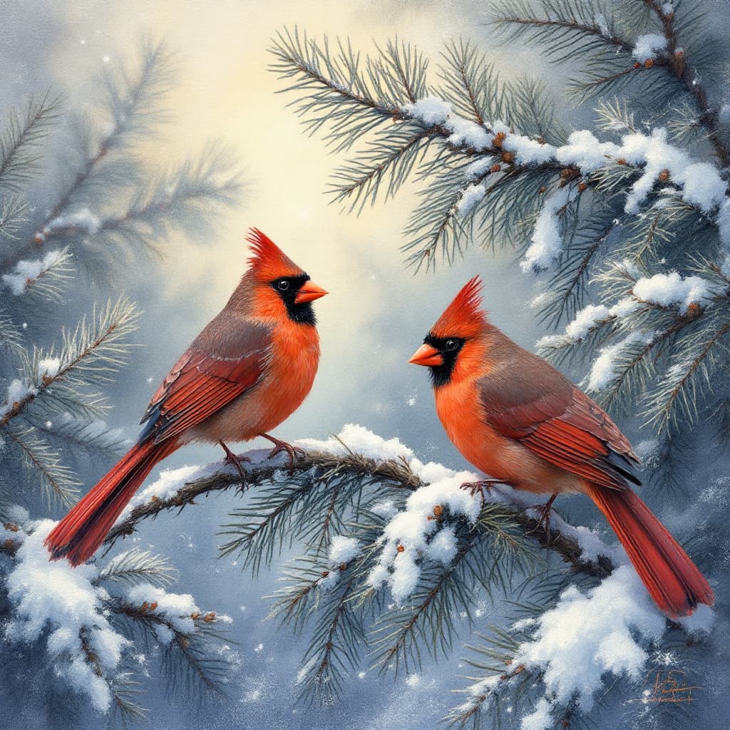 AI generated:  Terry Redlin style painting, rich textures and visible brushstrokes. Depicting a serene   winter la...