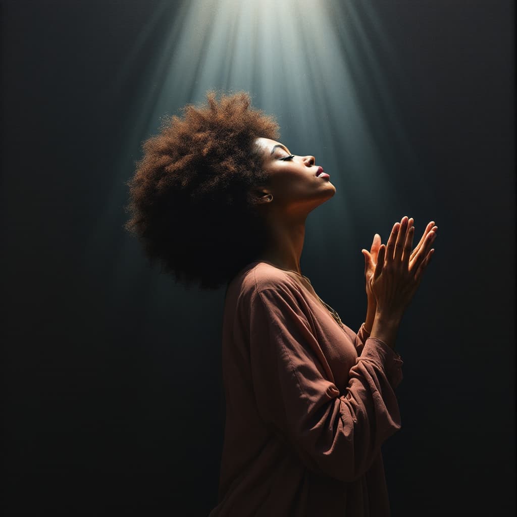 AI generated: A woman on afro hair, hands raised apart in veneration to the creator, standing sideways, head raise...