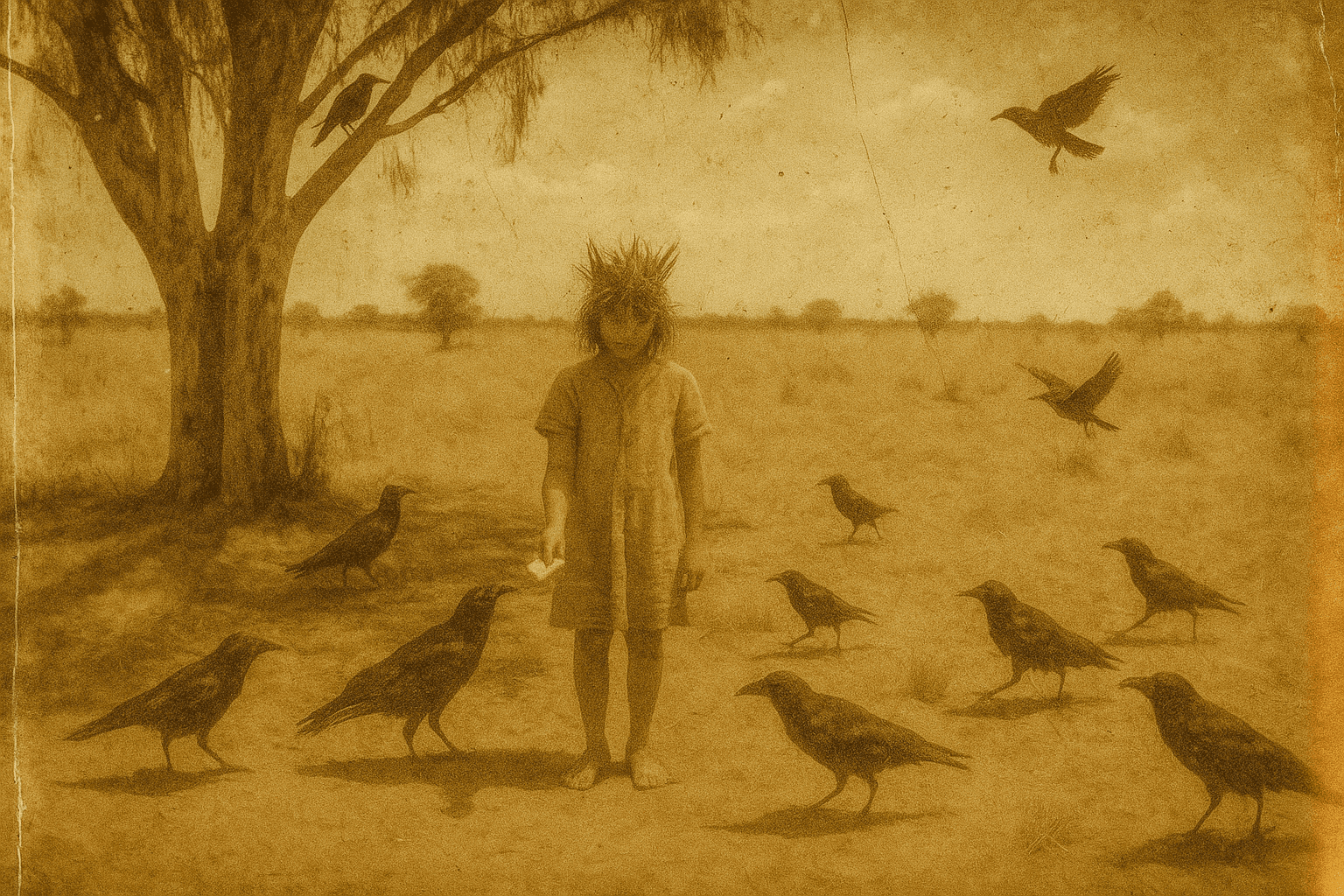 AI generated: Create a haunting, relic-style snapshot of the Australian outback. The scene shows a child beneath a...