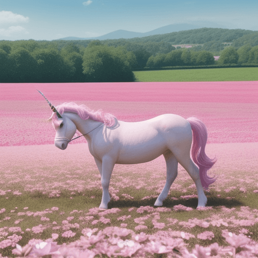 AI generated: A pink unicorn with no saddle in a field of flowers