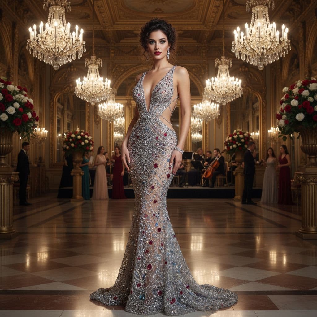AI generated: In the heart of a grand ballroom, a woman stands confidently, her outfit shimmering under the soft g...