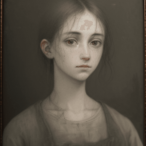 AI generated: A close-up of the painting itself, showcasing its weathered canvas and faded colors. The image captu...