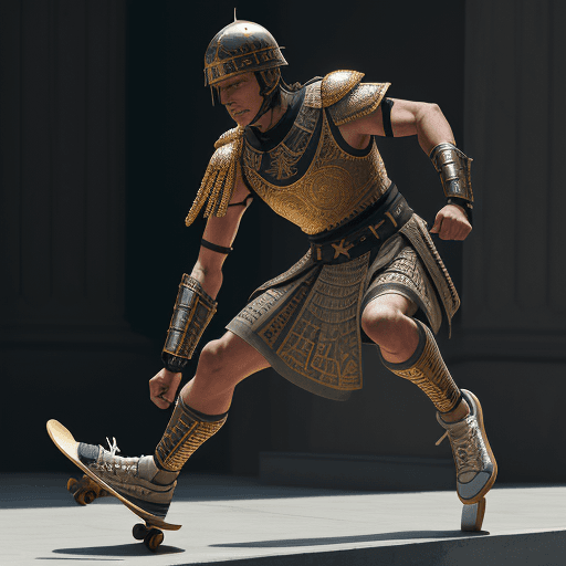 AI generated: a Roman soldier in his battle gear, wearing all star sneakers and doing skateboarding stunts, intric...