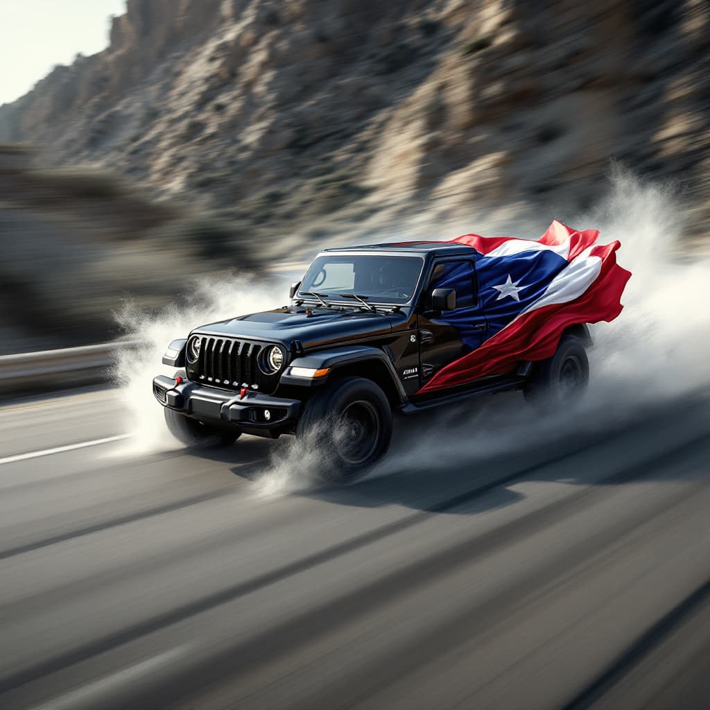 AI generated: Hyper realistic photo of a speeding 2023 Jeep Mojave color black, using the puerto rican flag as a s...