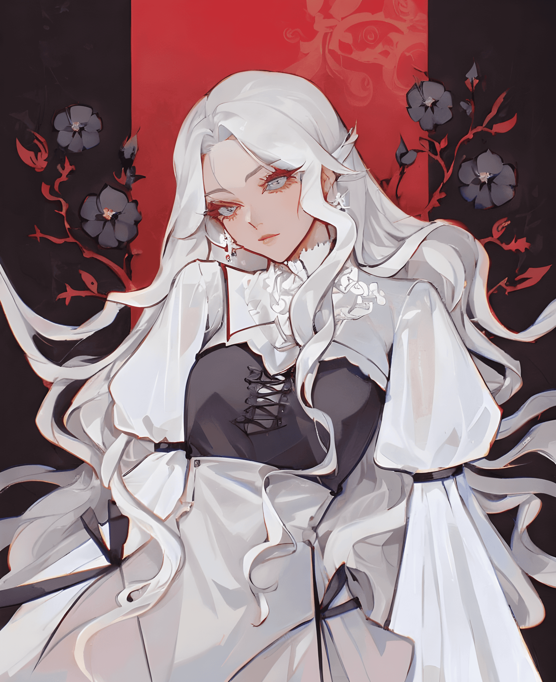 AI generated: a drawing of a woman with long white hair, an anime drawing, inspired by rossdraws, gothic art, silv...