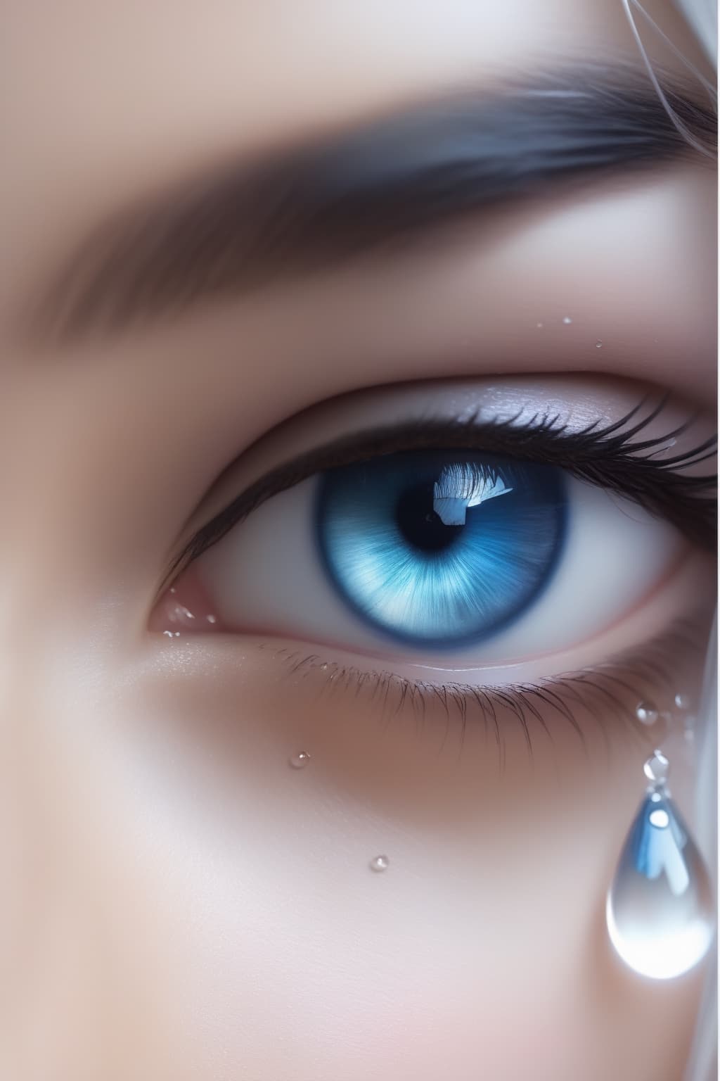 AI generated: A water color of close up model's face, Red hair and blue eyes, raindrops as foreground, a wet look,...