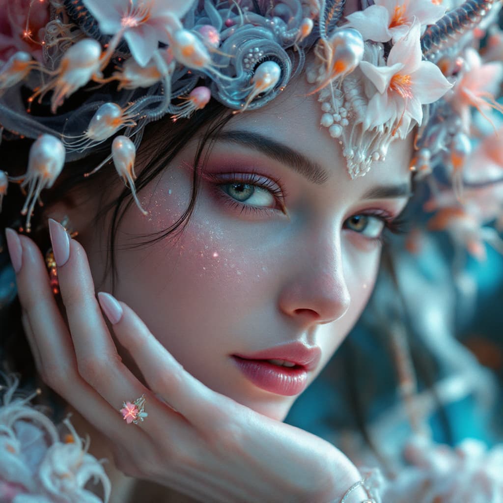AI generated: Goddess close-up portrait ribcagel. jellyfish phoenix head, nautilus, orchid, skull, betta fish, bio...