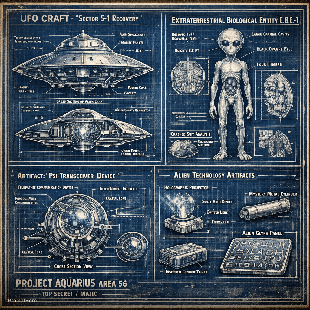 AI generated: Project Aquarius at Area 56 blueprints of the objects found there. High detail, photo realistic. 