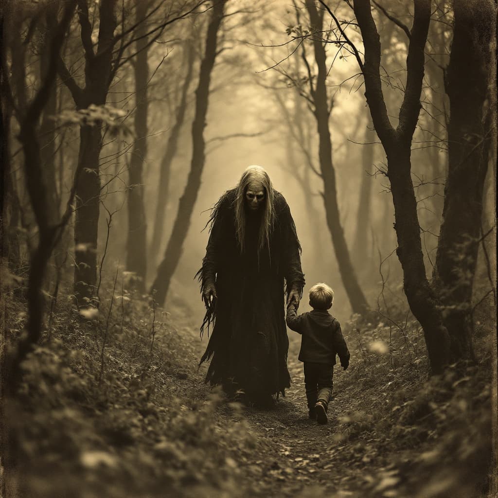 AI generated: vintage sepia style photo of an old hag leading a young child into the forest. Filmed by george a. r...