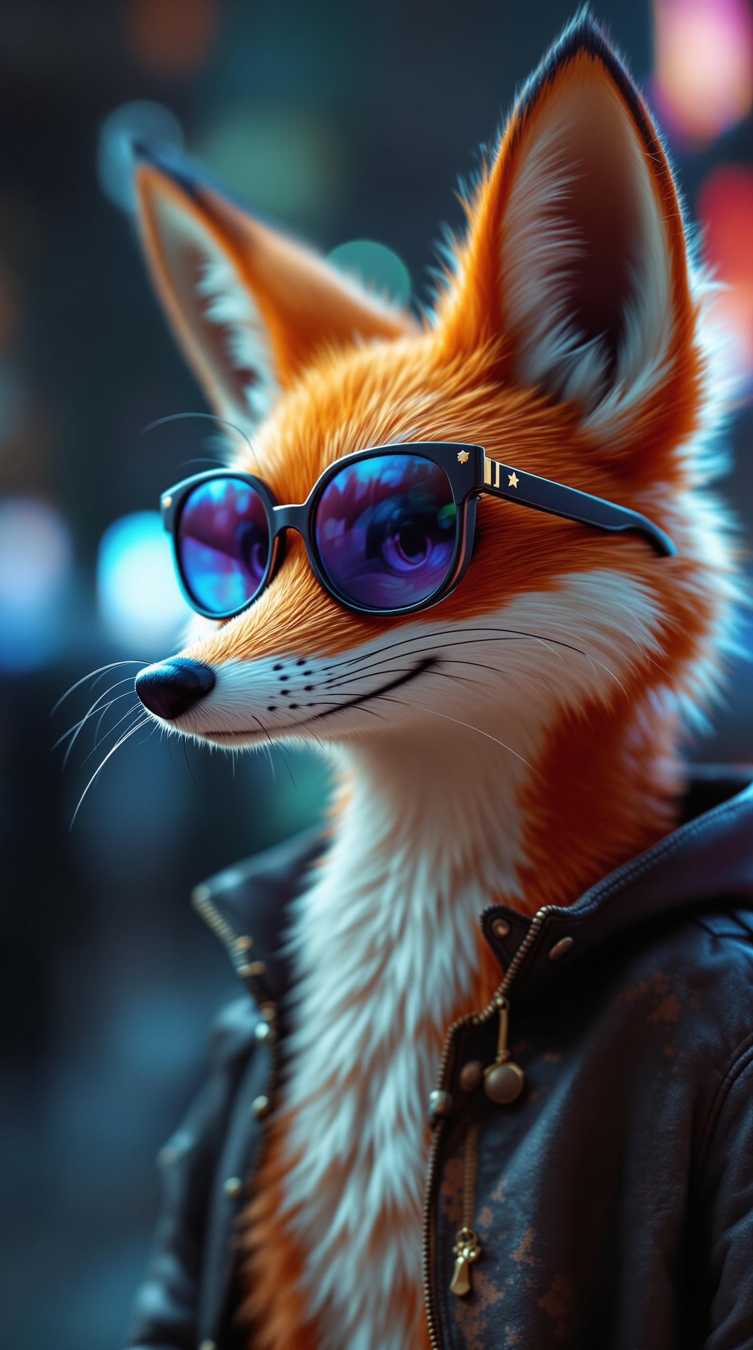 AI generated: portrait of a cartoon fox wearing sunglasses, in the style of vray tracing, neonpunk, photo-realisti...