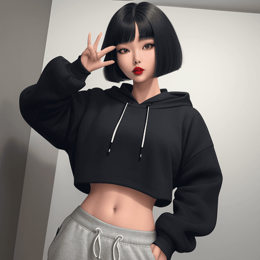 AI generated: 1 girl, beautiful Korean girl, (Cute Loose Bob hair), (wearing a cropped hoodie, capri sweatpants:1....