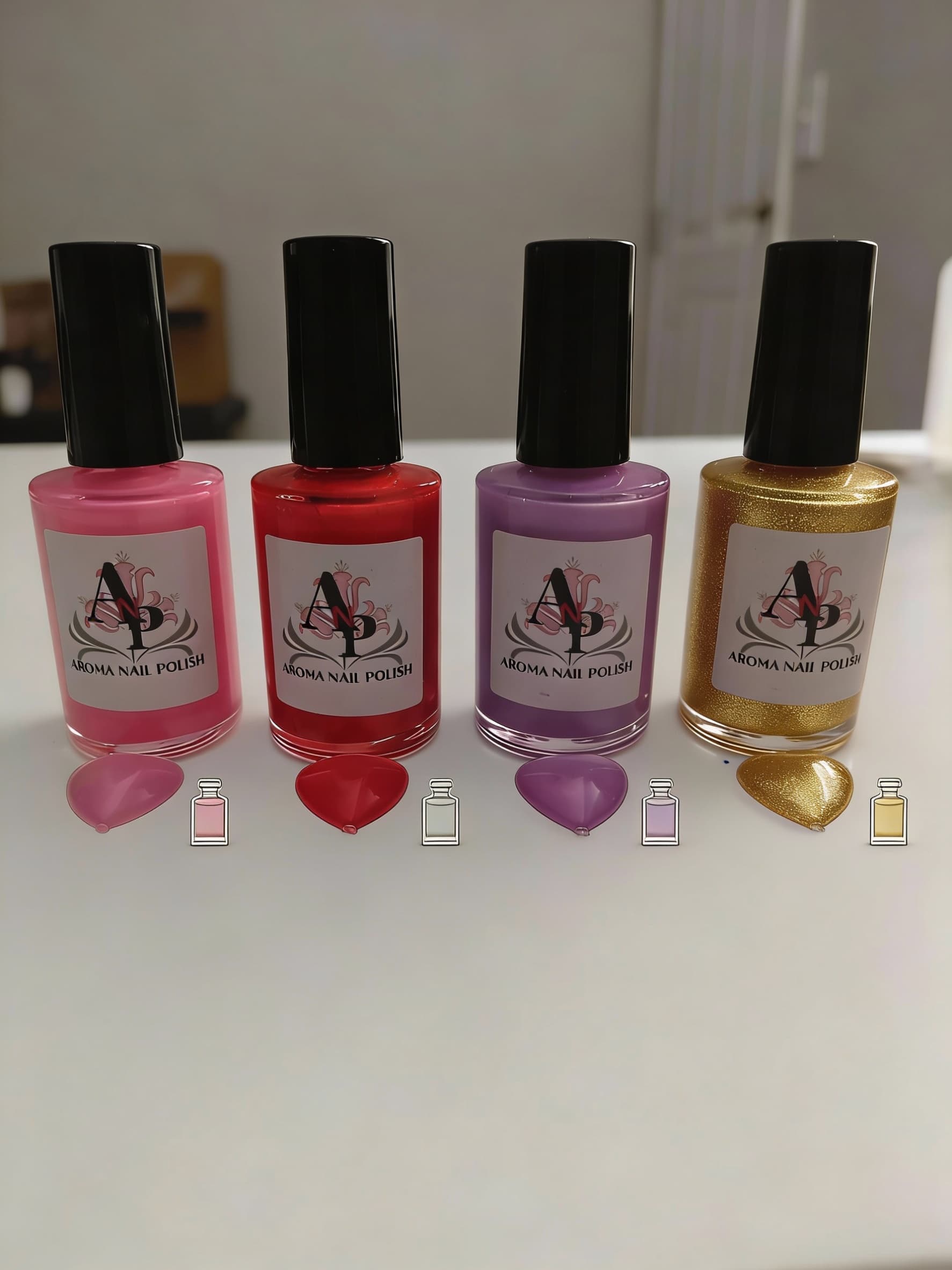 AI generated: Aroma nail polish comes in bright and pretty colors like pink, red, lavender, and gold. They also sm...