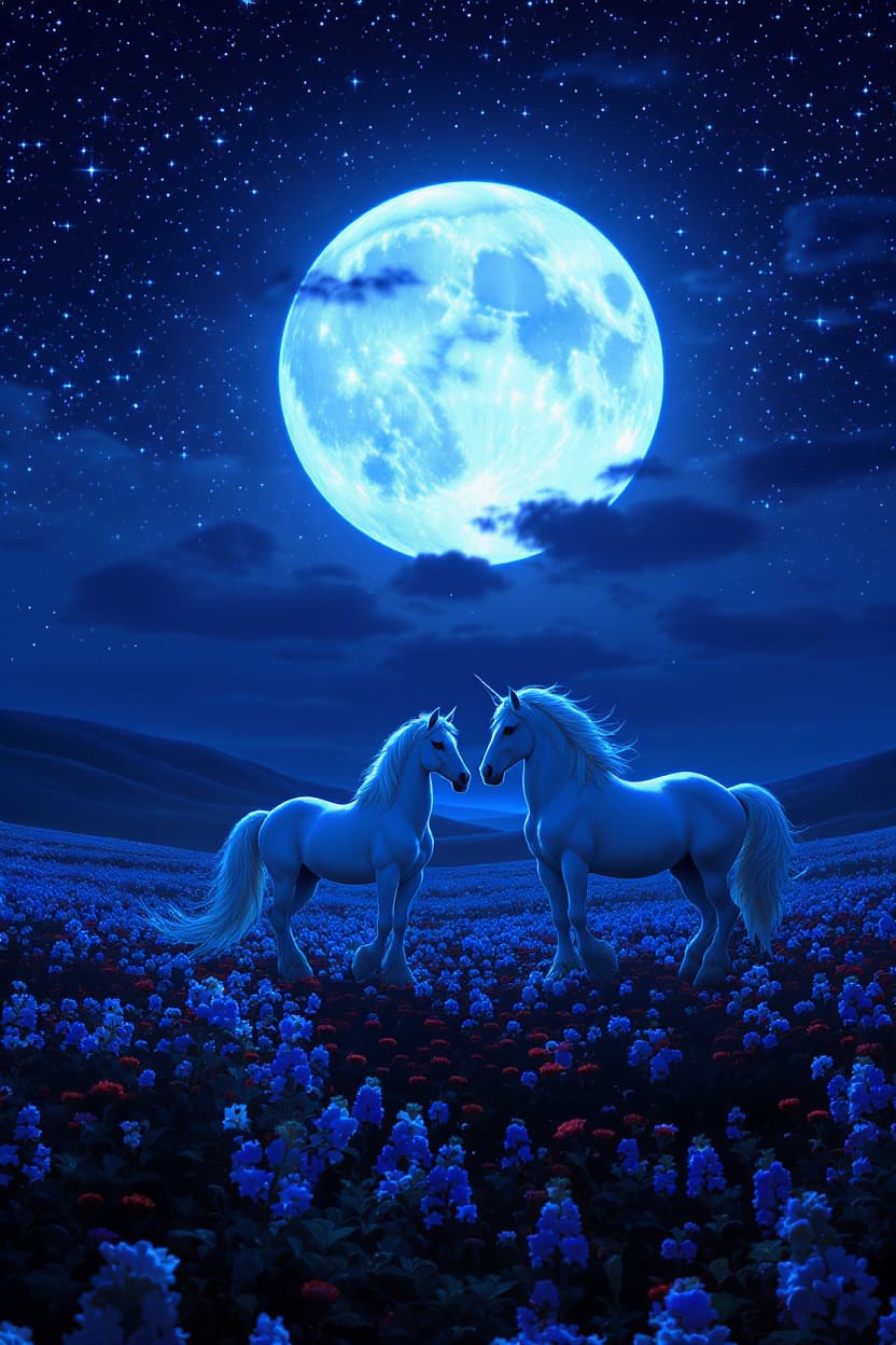 AI generated: create a Nighttime scene with Full Blue moon shinning blue light an open field of blue and red flowe...