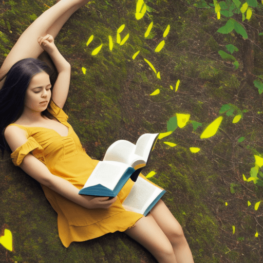 AI generated: girl lying on a tree while reading a book lit by a yellow floating crystal in the middle of a dark f...