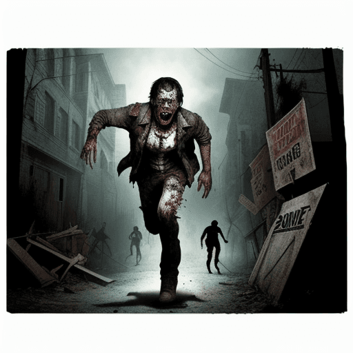 AI generated: sole survivor in a zombie apocalypse, chased by zombies, running towards camera, black background, v...