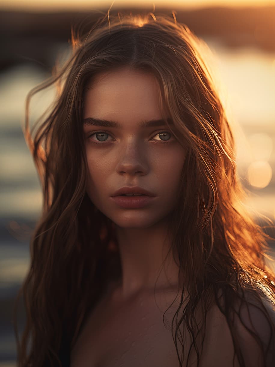 AI generated: professional full length shot of a kristine froseth wearing only a two-piece swimsuit (beach), (dune...