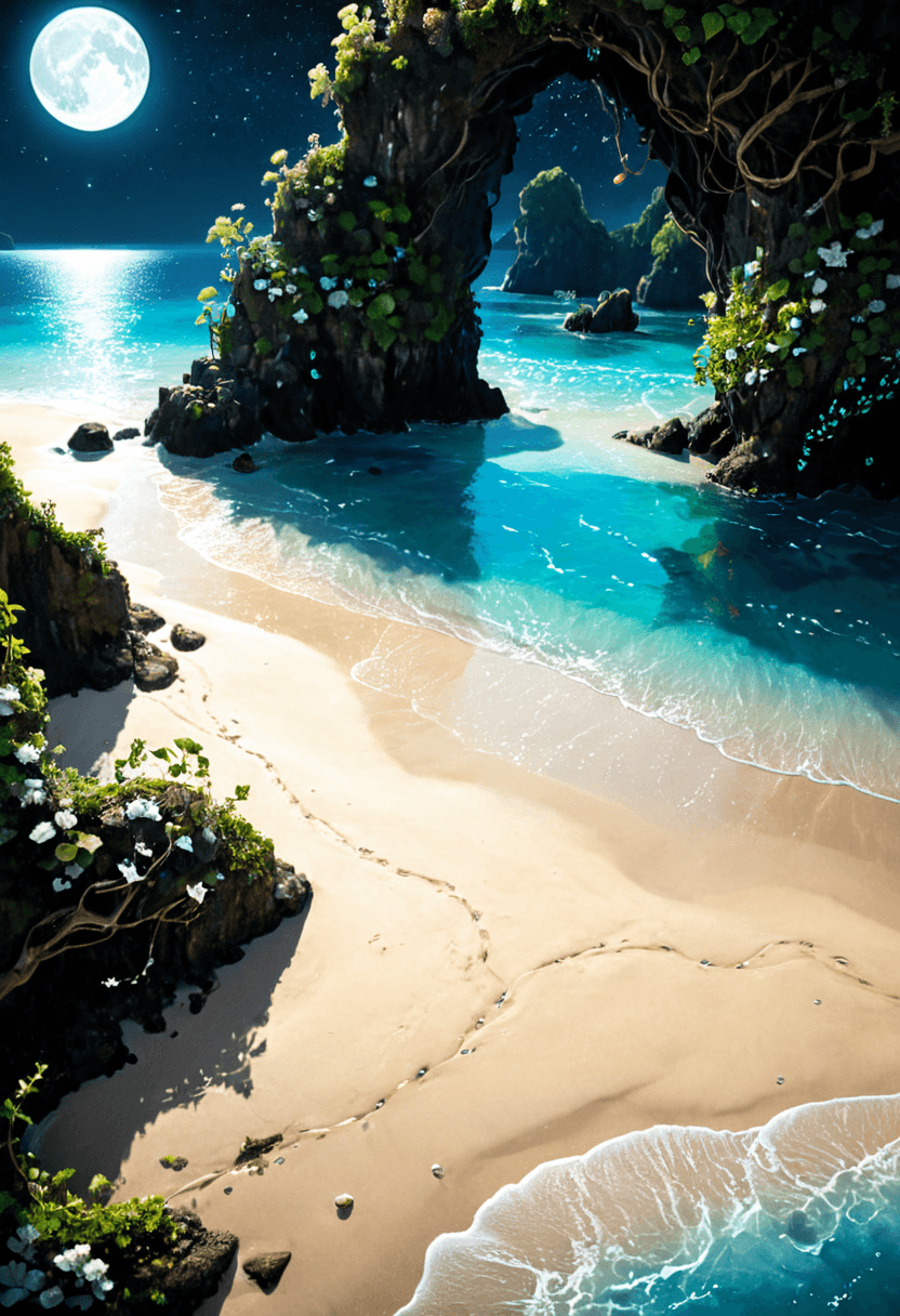 AI generated: concept art <lora:xl_more_art-full_v1:1>,<lora:DreamARTSDXL:1>,A moonlit beach where the sand is a m...