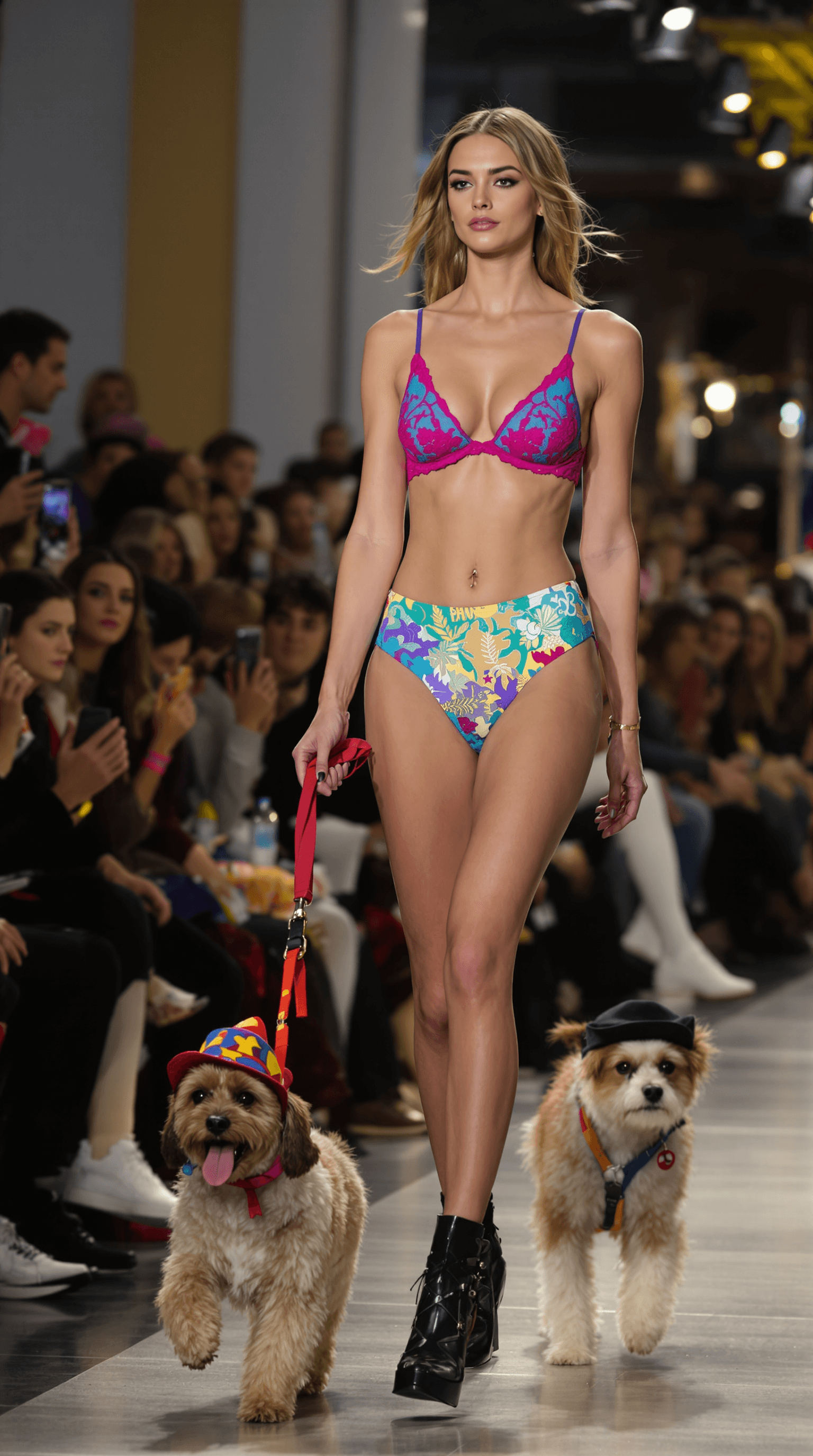 AI generated: A highly attractive Swedish super model leads a small breed dog on a leash while walking at a fashio...