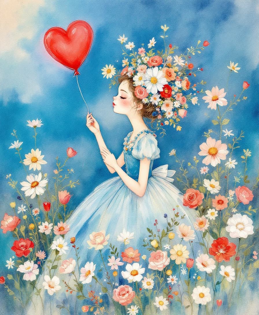 AI generated: The watercolor painting depicts a girl wearing a blue dress adorned with floral detailing at the hem...