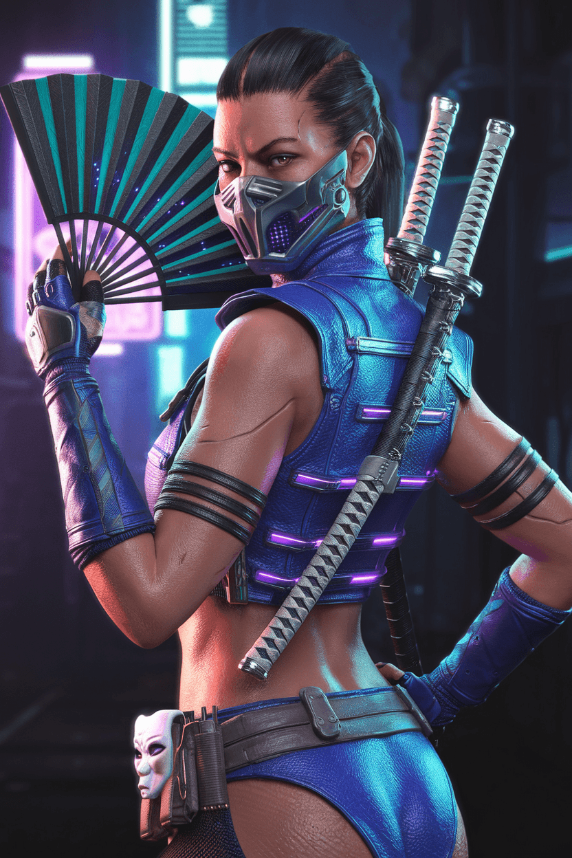 AI generated: Ultra high detail, hyper-realistic close-up portrait of Kitana from Mortal Kombat with a cyberpunk t...