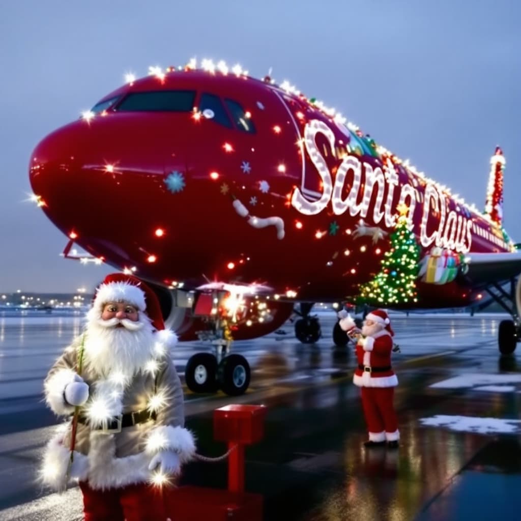 AI generated:  Santa Claus airline , show their Airbus A320 airliner special christmas decoration at the airport. ...
