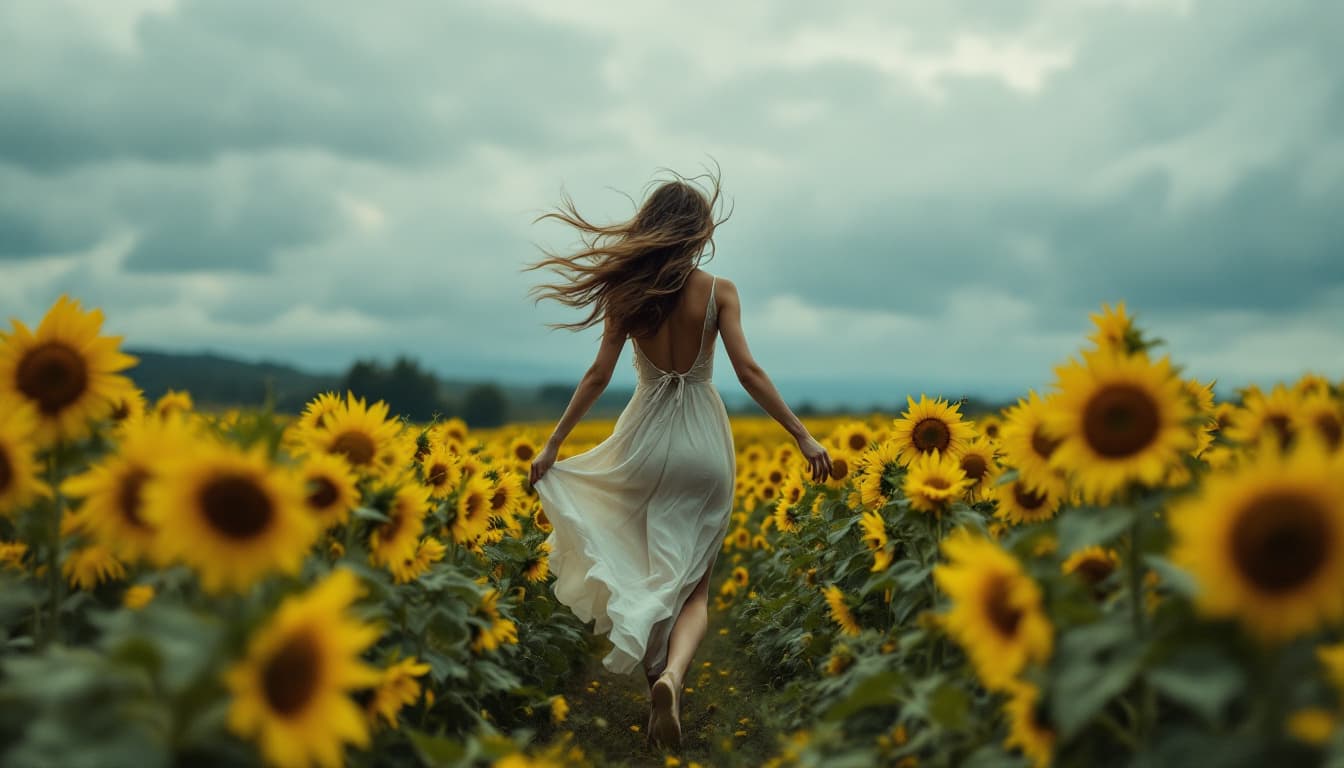 AI generated:  field of sunflowers, he soft petals surround, creating a contrast with the darkened skies above. Ca...
