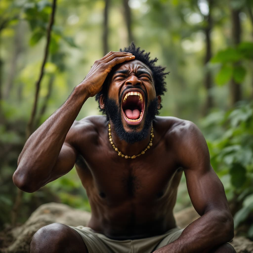 AI generated:  an african guy, opened his mouth as wide as possible, until his teeth were visible, the guy put one...