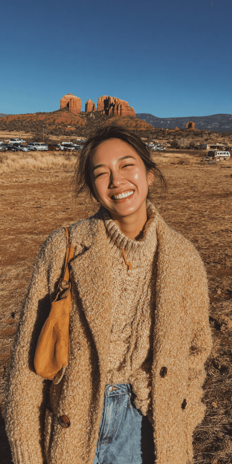 AI generated: iphone photo of an Asian woman wearing jeans and beige peacoat with shoulder bag standing outside at...