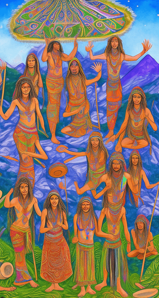 AI generated:  Psychedelic shamanic group of people near lake in Georgia. Man and beautifil spiritual 
women. They...