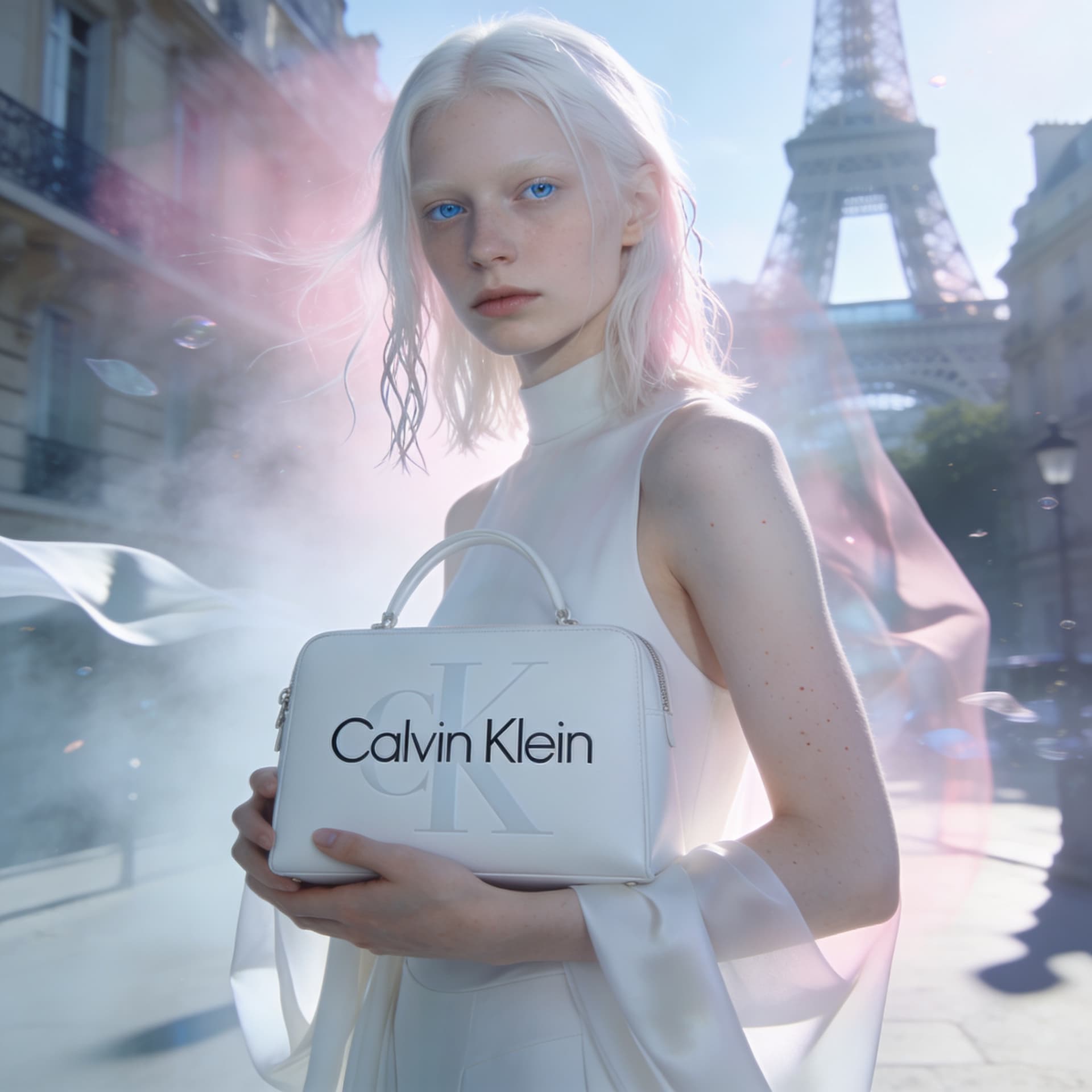 AI generated: Ultra realistic surreal fashion editorial for Instagram, dreamlike luxury aesthetic, albino female f...