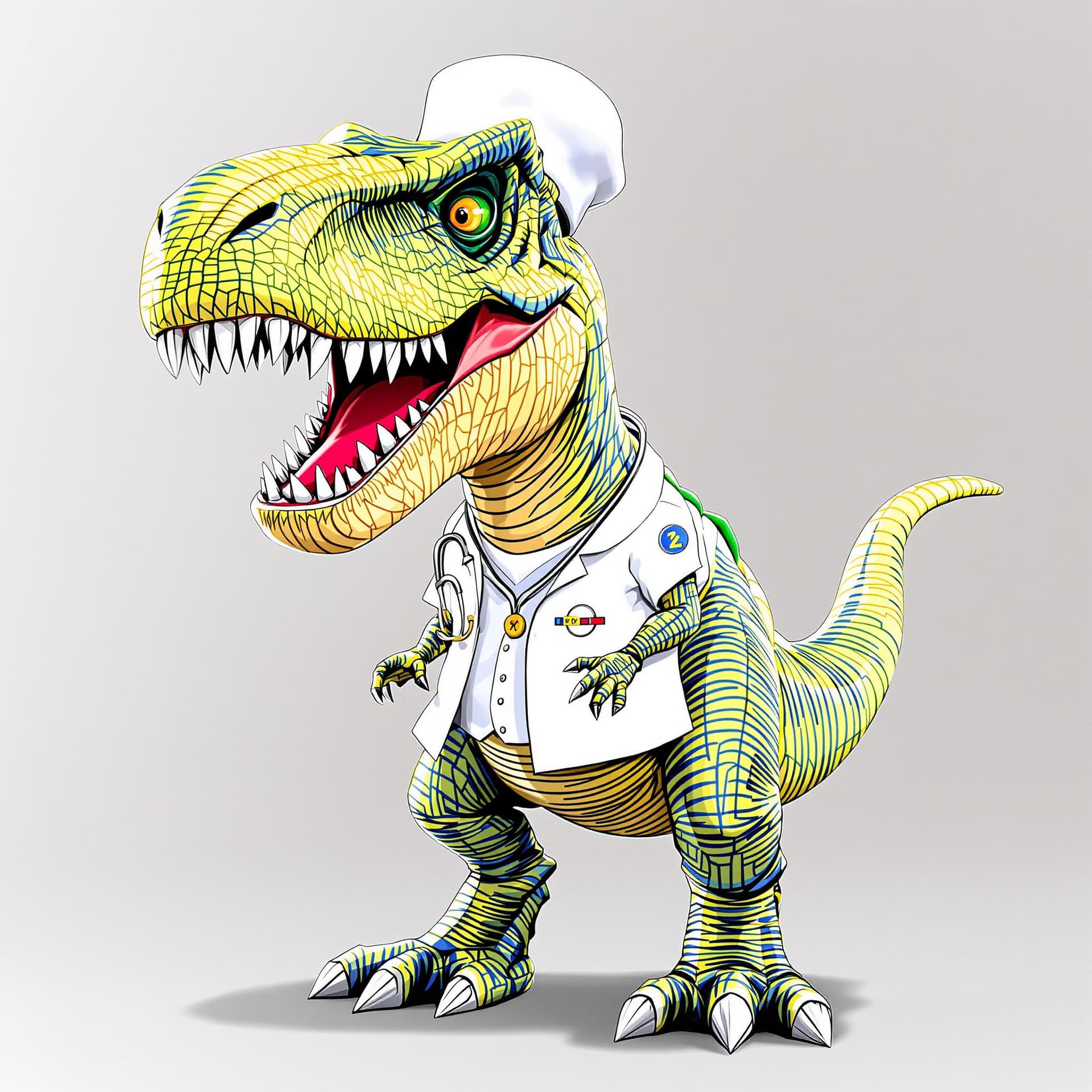 AI generated: 3d cartoon Tyrannosaurus rex wearing a doctor uniform
