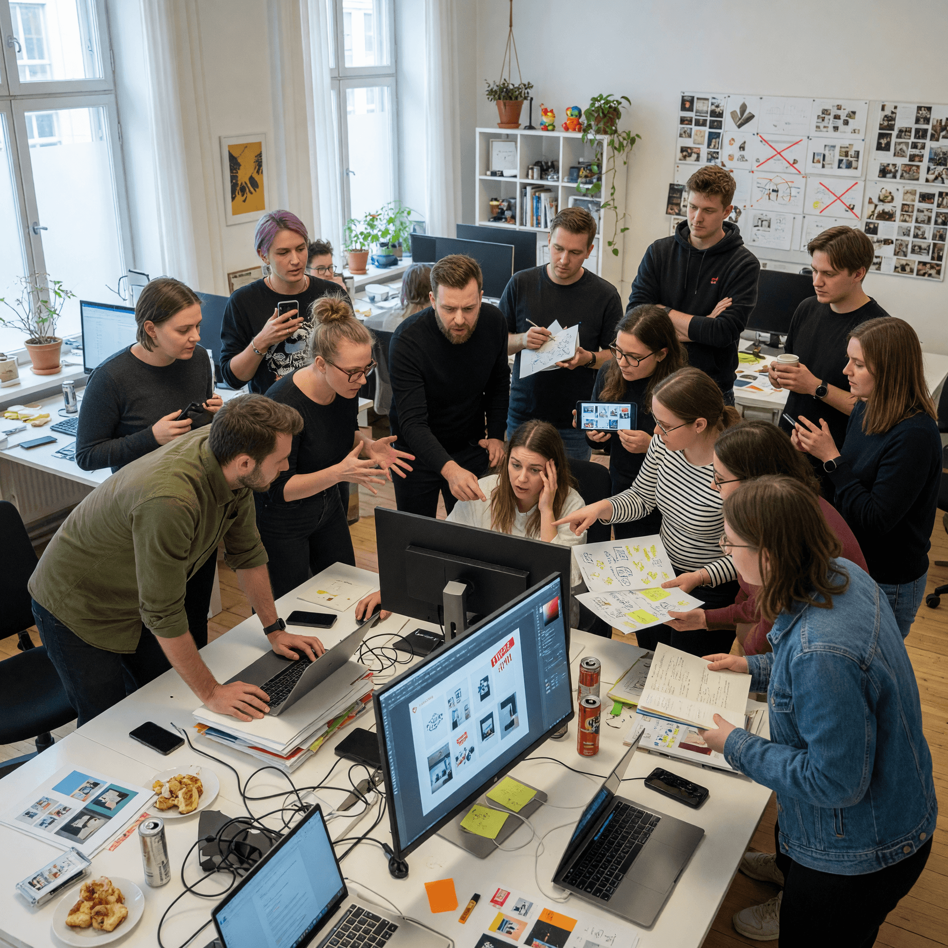 AI generated: A hyper-realistic modern creative agency office during a deadline. One experienced designer sits at ...